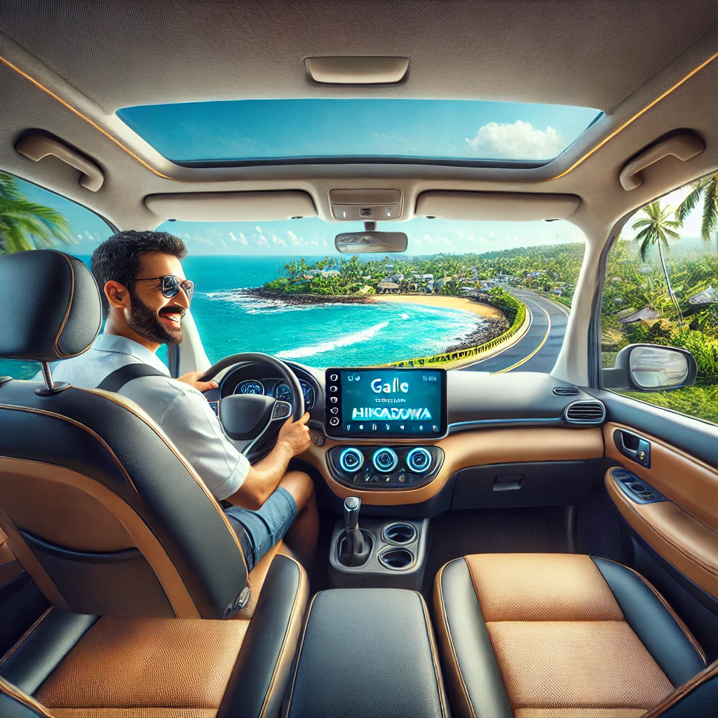 Modern taxi cab interior with a friendly driver and a scenic coastal view, representing the reliable Galle to Hikkaduwa taxi service by cabbuddy.lk.