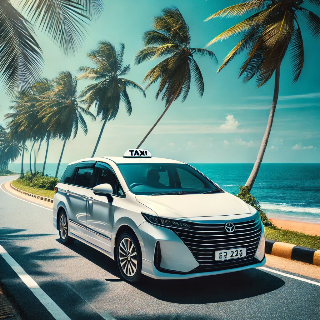 White taxi cab parked on a coastal road with palm trees and ocean view, representing a comfortable Mirissa to Negombo journey.