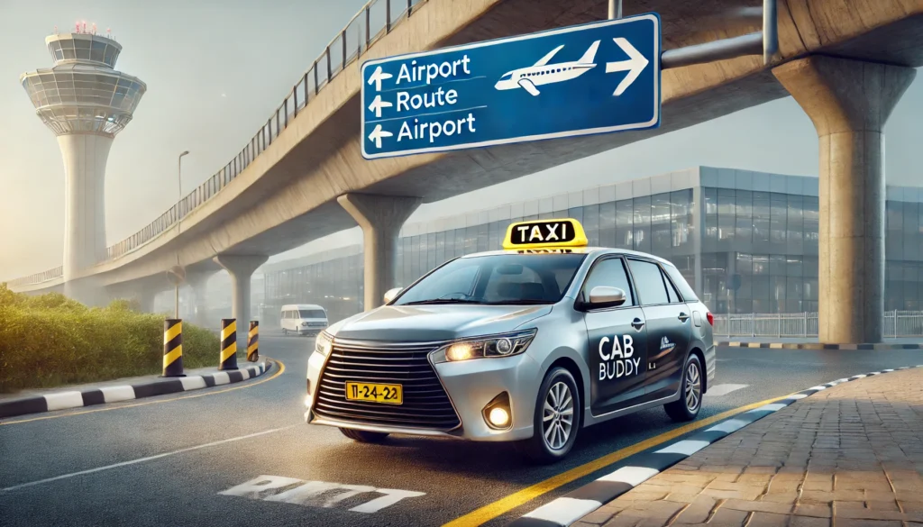 Taxi cab parked near an airport route sign – reliable Kadawatha to Airport service by CabBuddy.lk.