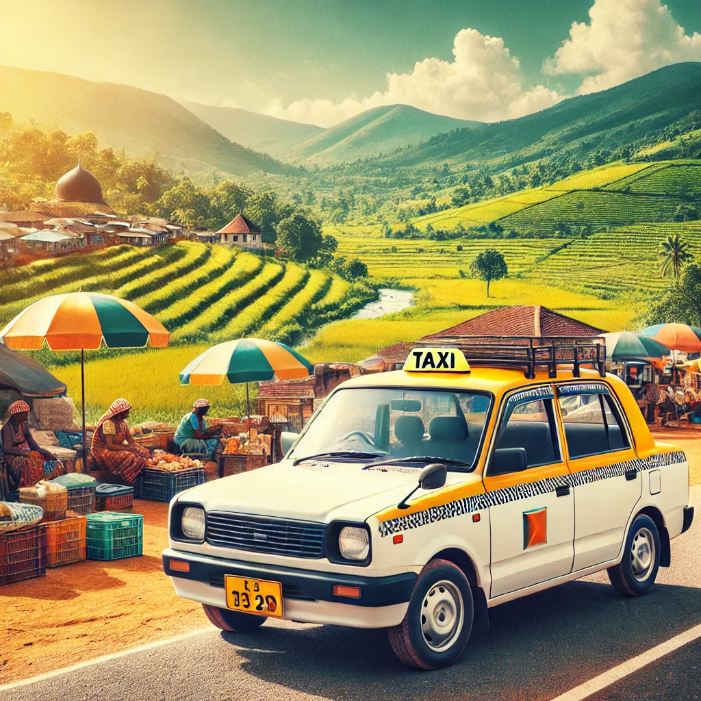 Taxi cab parked near a roadside market with rolling hills and lush fields on the Negombo to Jaffna route in Sri Lanka