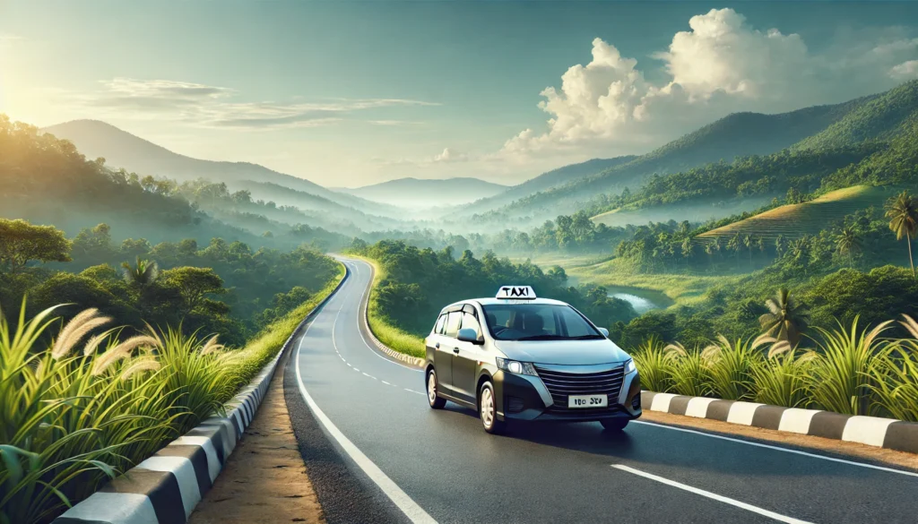 Scenic taxi journey from Negombo to Pinnawala with lush greenery and blue skies.