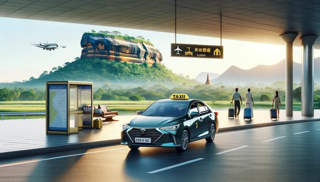 A sleek, modern taxi cab waits at an airport drop-off area, with passengers and luggage visible, while the majestic Sigiriya rock looms in the distant background. This scene embodies the seamless journey from airport to Sigiriya, reflecting the premium and reliable service of CabBuddy.lk.