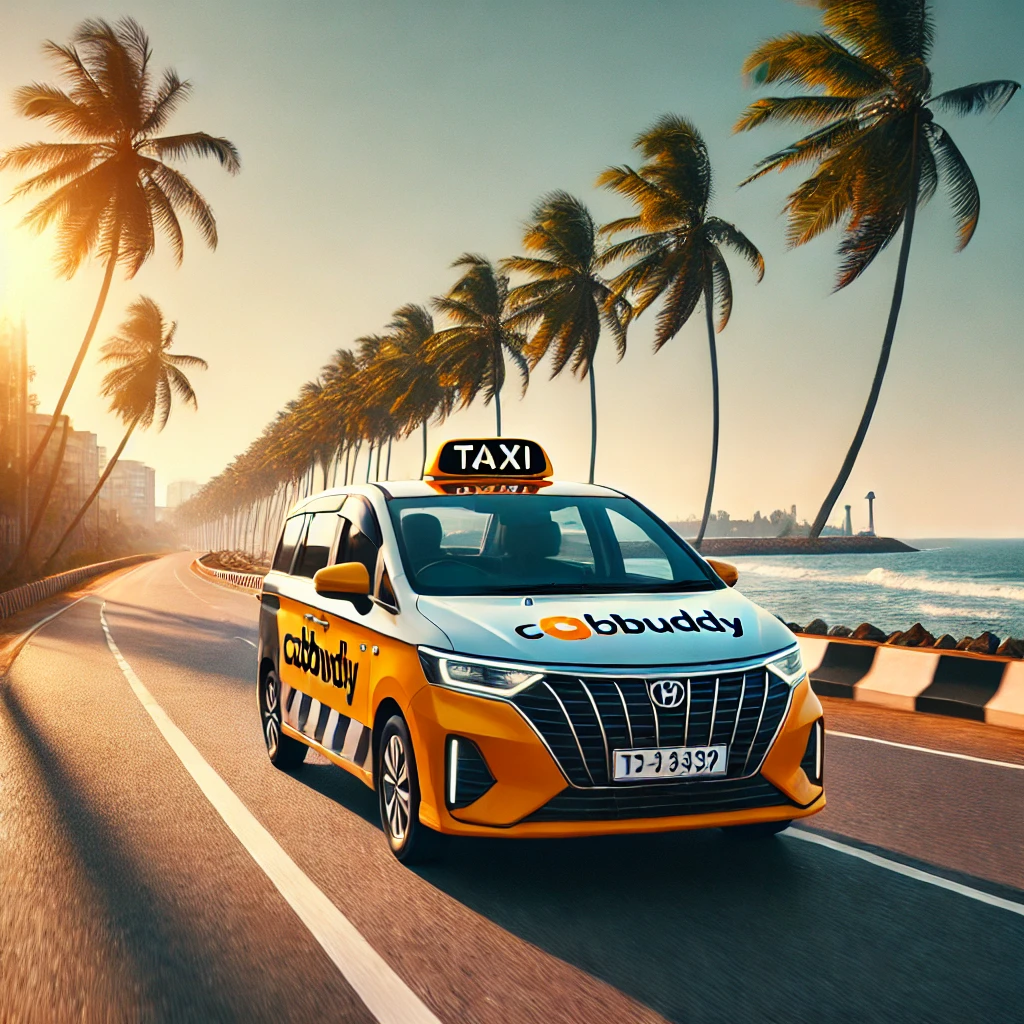 CabBuddy taxi on a sunlit coastal highway from Negombo to Puttalam.