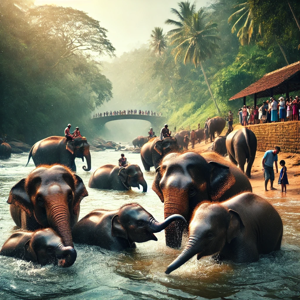 Elephants bathing in Maha Oya River at Pinnawala Elephant Orphanage with lush greenery and visitors watching from the riverbank.