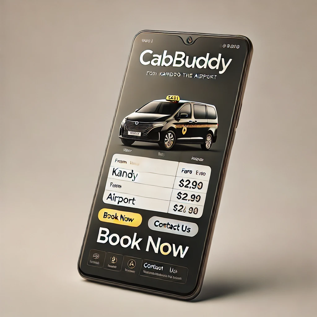 Smartphone with CabBuddy.lk taxi booking interface for Kandy to Airport.