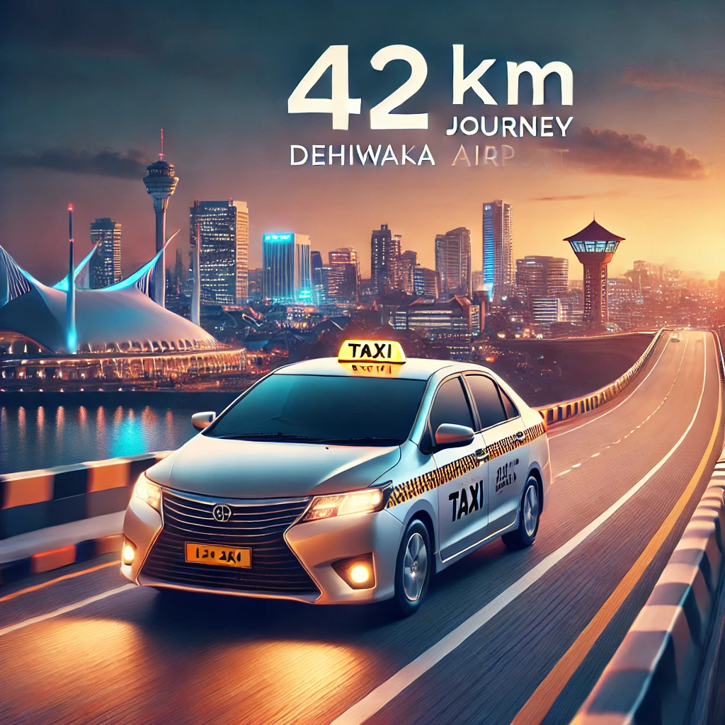 Modern taxi cab at dusk on the route from Dehiwala to Airport, showcasing a smooth, reliable ride.