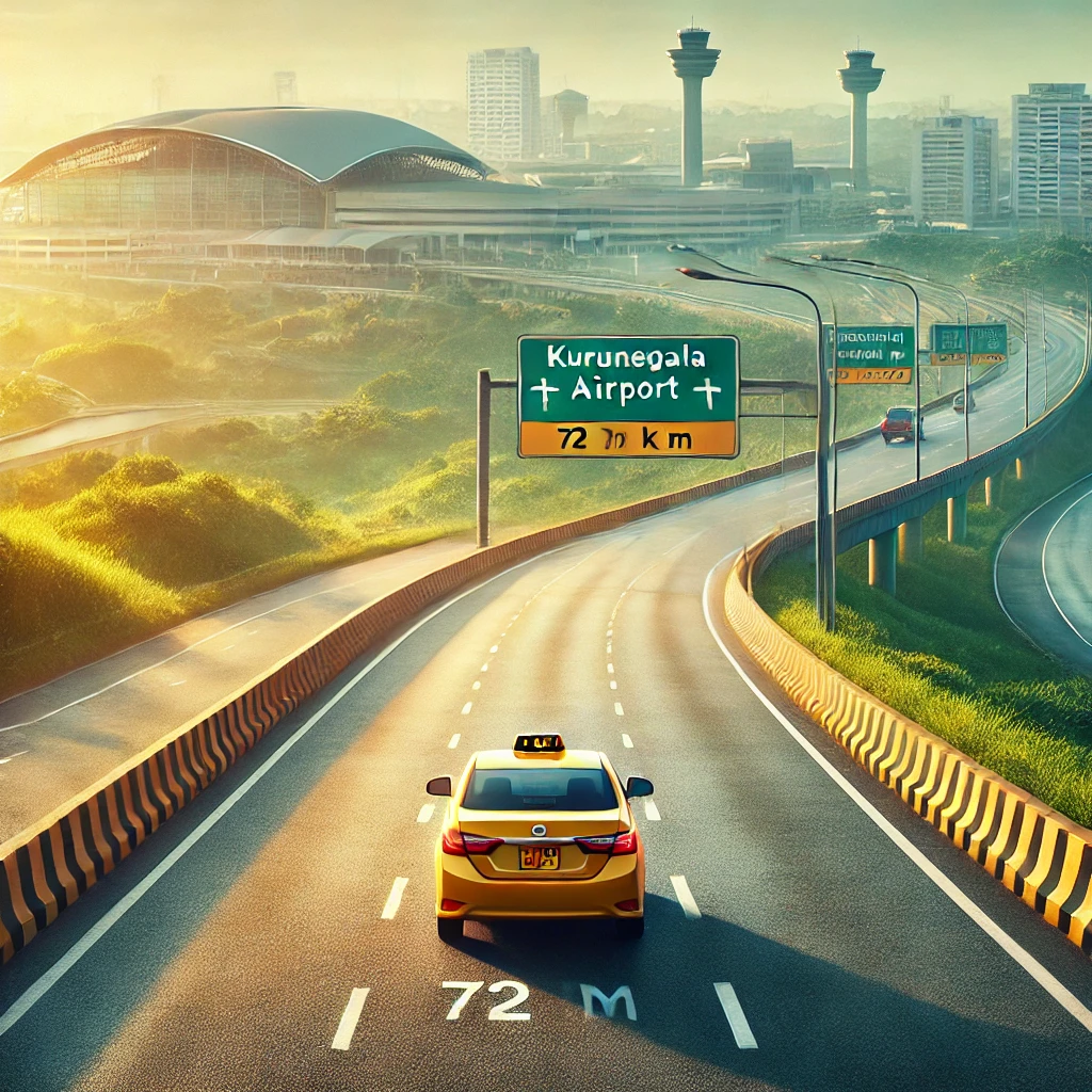 Modern taxi on sunlit highway with distant airport sign and clear road markers, symbolizing a smooth 72 km journey from Kurunegala to the Airport.