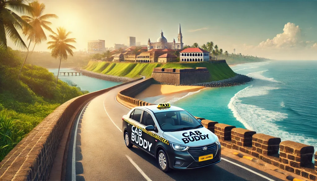 Modern taxi cab on Fort to Negombo route with Colombo Fort architecture and Negombo coastal scenery.