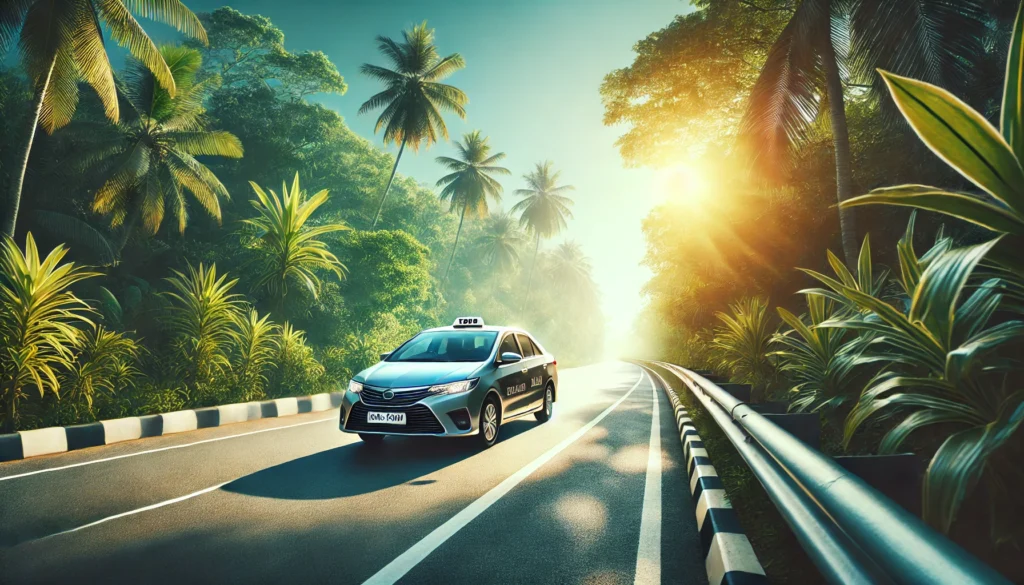 Modern taxi cab on a sunlit highway with tropical greenery, representing a comfortable Galle to Airport journey.
