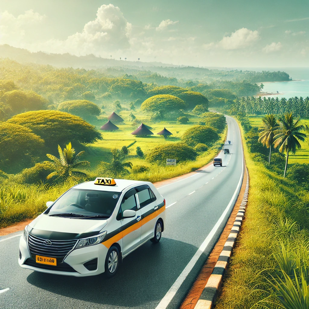 Taxi cab on a scenic highway from Negombo to Trincomalee with lush greenery and a blue sky.