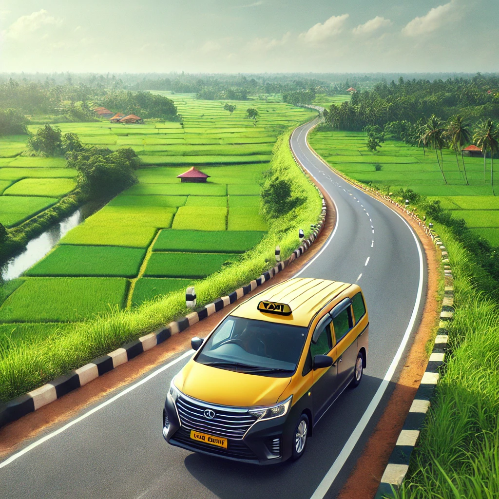Panoramic highway view with a sleek taxi cab on the journey from Negombo to Trincomalee.
