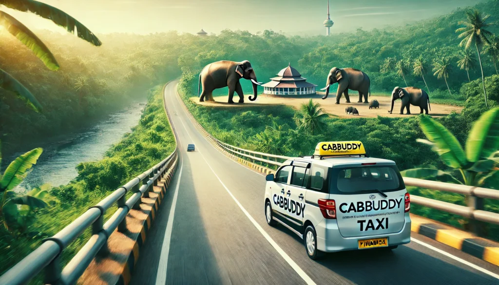 CabBuddy taxi on scenic route from Bandaranaike International Airport to Pinnawala with lush countryside and Pinnawala Elephant Orphanage in the distance.