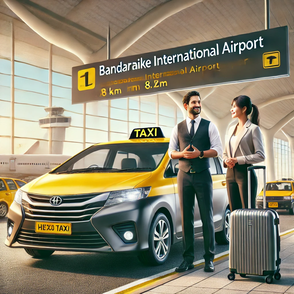 Taxi driver and modern cab at Bandaranaike International Airport ready for a seamless transfer to Negombo.