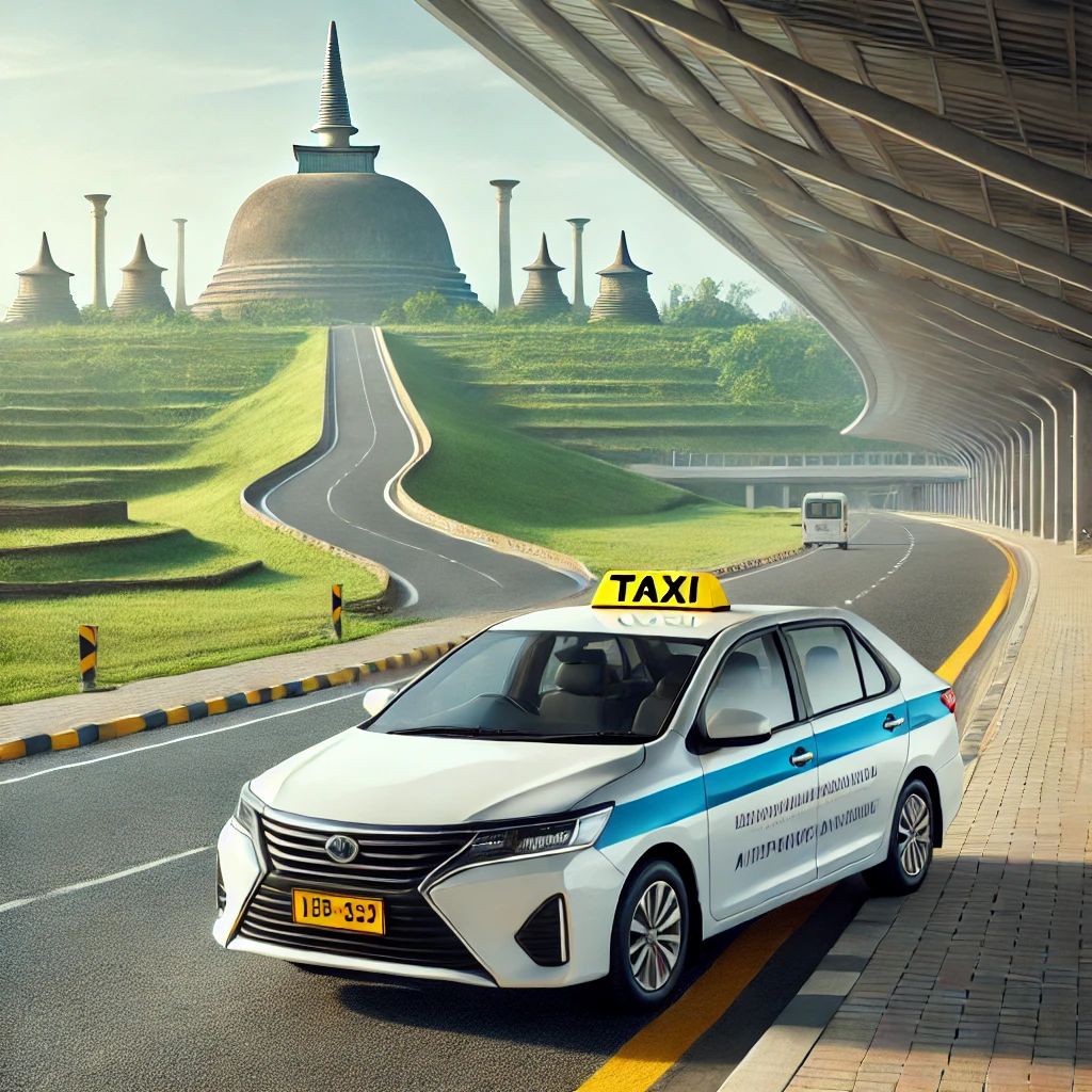 Modern taxi cab at Bandaranaike International Airport with a scenic road leading to ancient Anuradhapura.