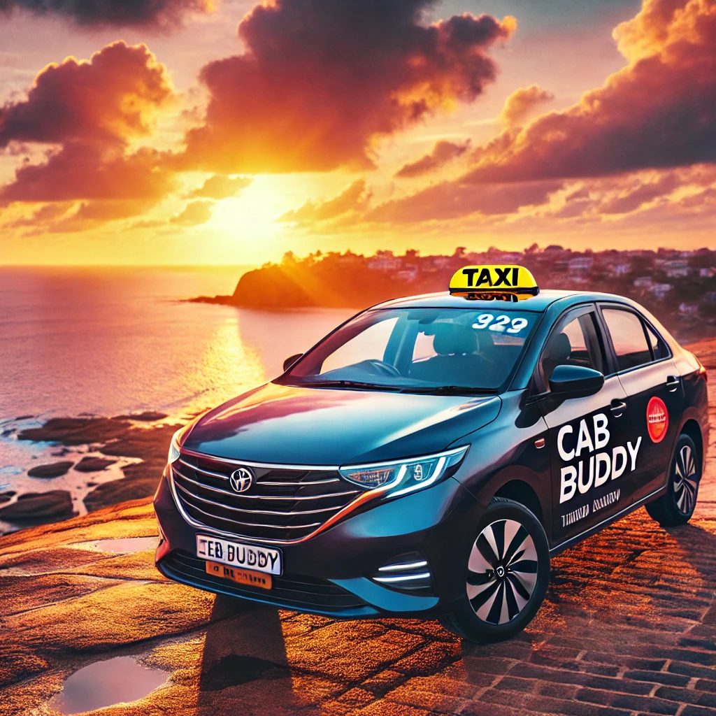 CabBuddy taxi parked at a coastal viewpoint during a colorful sunset on the journey from Negombo to Trincomalee.