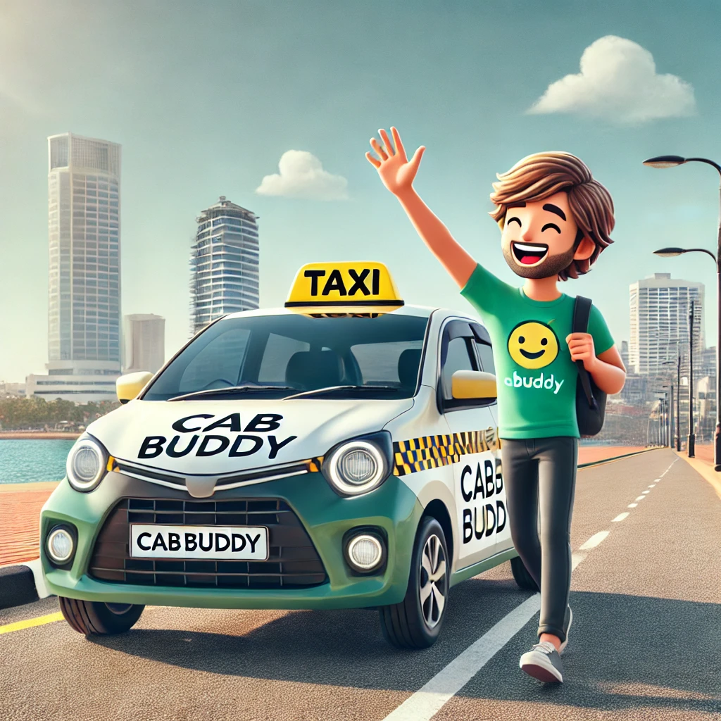 Traveler boarding a modern CabBuddy taxi cab from Bentota to Colombo