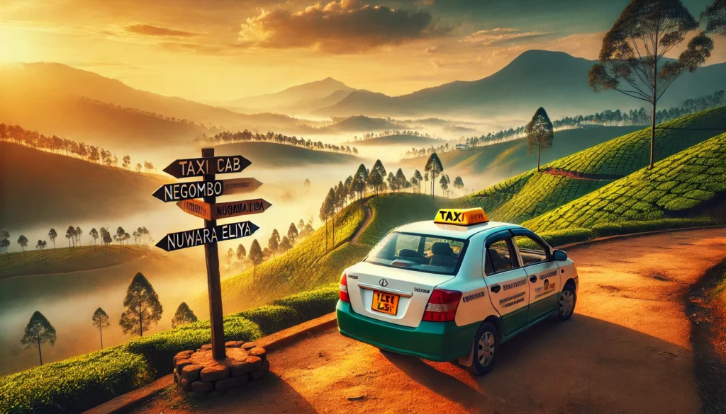 Taxi cab at scenic overlook with tea plantations, hills, and a signpost pointing to Negombo and Nuwara Eliya.