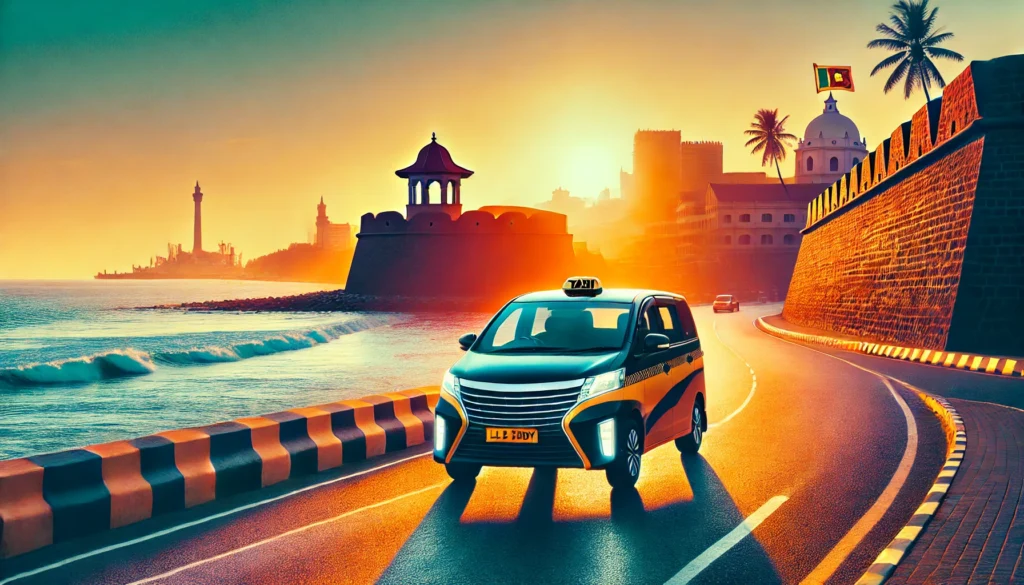 CabBuddy taxi cruising along coastal highway with Colombo Fort silhouette and Negombo coastline at sunrise.