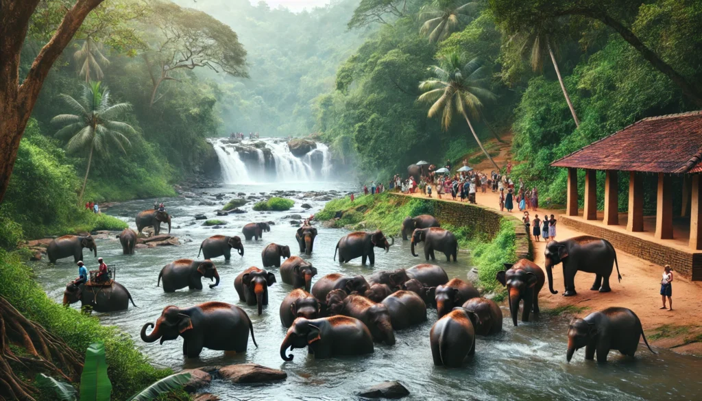 Elephants bathing in the river at Pinnawala Elephant Orphanage amidst verdant surroundings.
