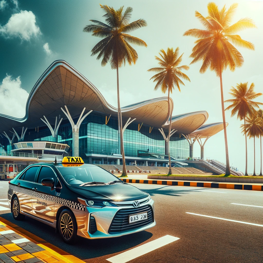 Polished taxi parked at a modern airport terminal in Negombo, framed by palm trees in a sunny coastal setting.