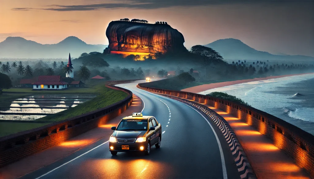 CabBuddy taxi cab driving at dusk on a highway linking Sigiriya with Negombo, showcasing ancient heritage and modern travel comfort.