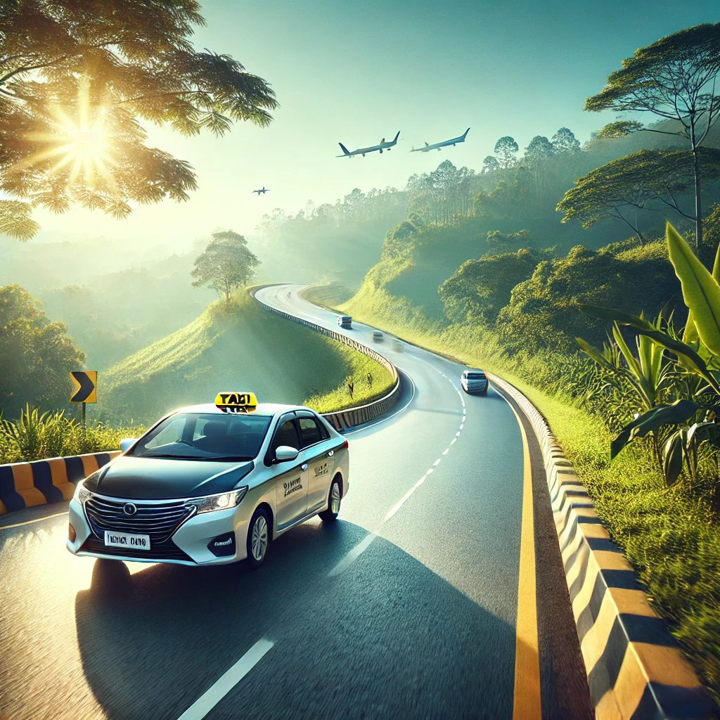 Modern taxi on a scenic Sri Lankan highway between Colombo airport and Mirissa.