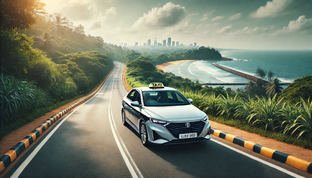 Modern taxi cab on a scenic highway from Hikkaduwa to Colombo with coastal and urban views.