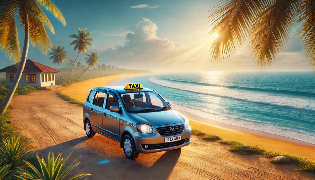 Comfortable taxi near Kalpitiya beach with golden sand and blue sky, symbolizing a smooth ride with CabBuddy.lk.