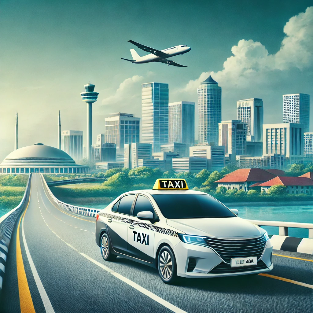 Modern taxi cab on scenic route from Dehiwala to Airport under clear skies.