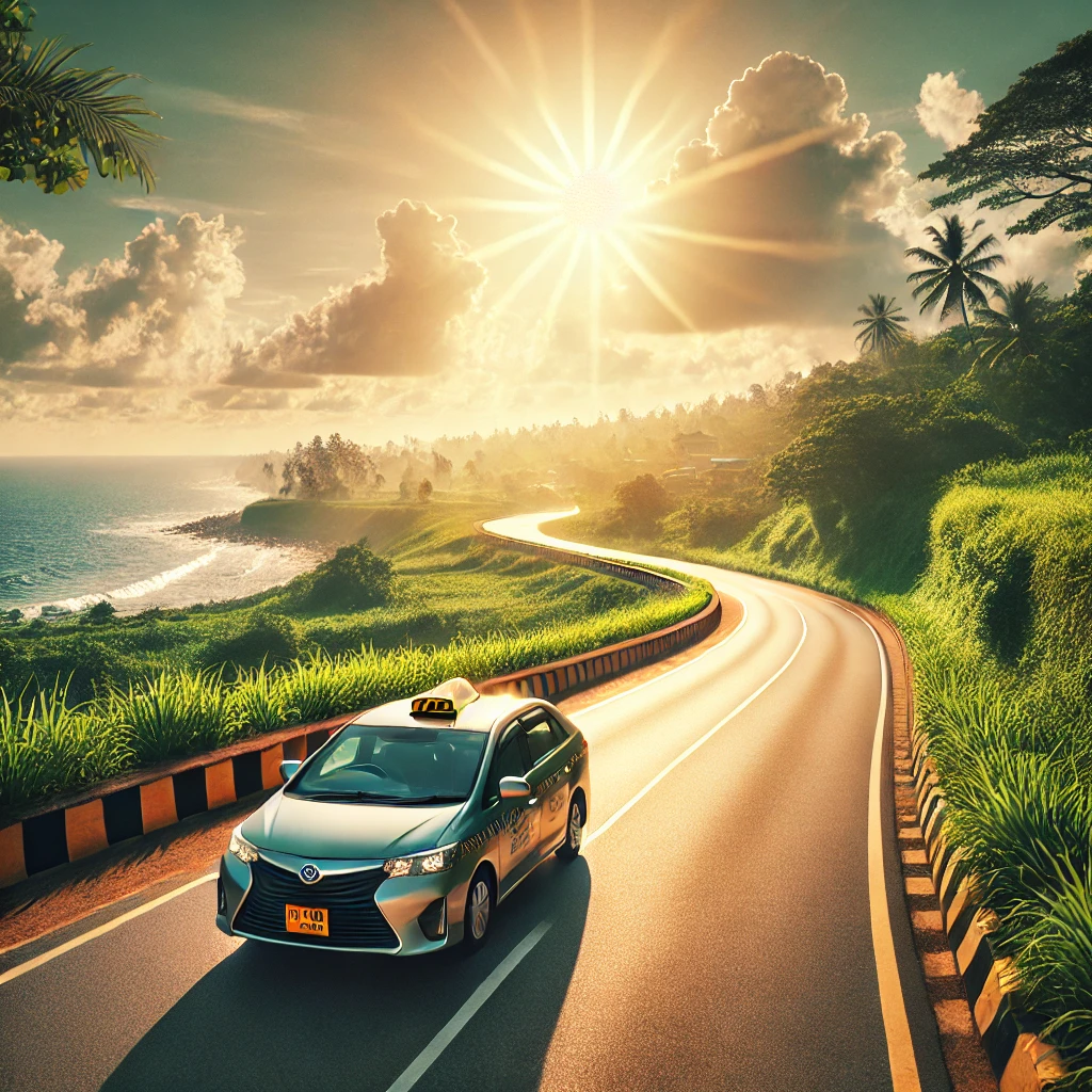 Modern taxi cab on a scenic highway with coastal views and greenery, symbolizing the Mirissa to Negombo journey.