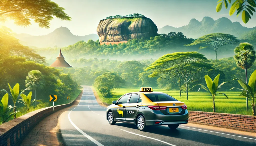 Modern taxi cab on a scenic Sri Lankan road with Sigiriya rock fortress in the background.