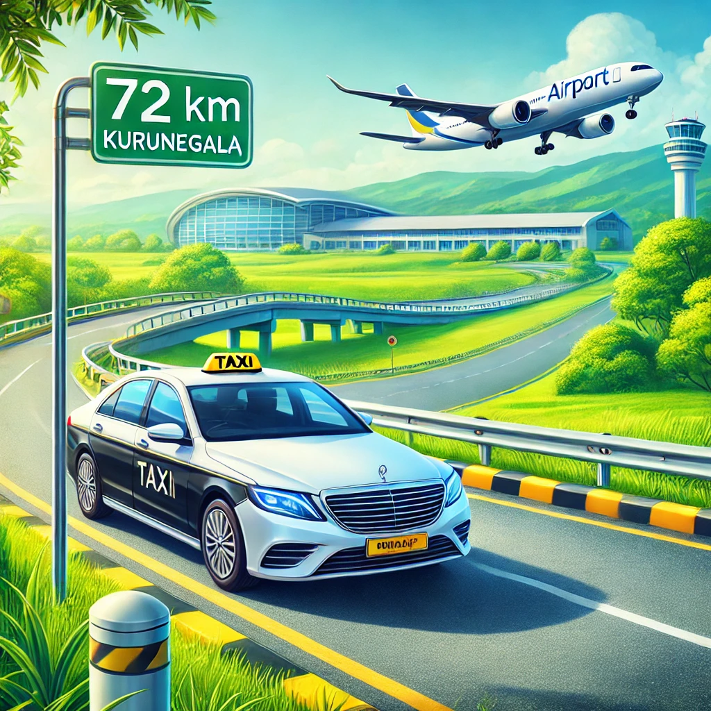 Premium taxi parked near Kurunegala with airport sign in background, symbolizing a smooth, scenic journey.