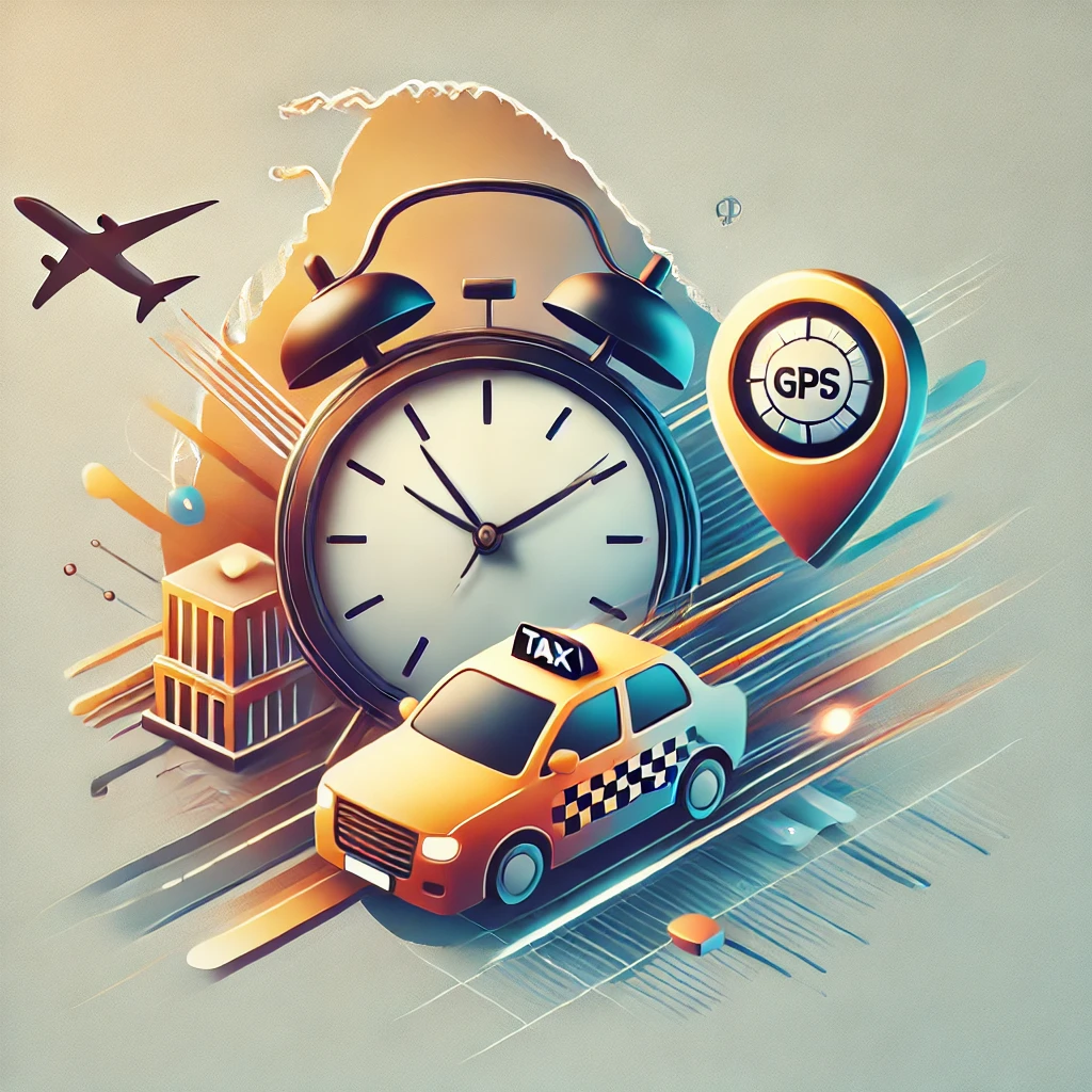 Collage of clock, GPS marker, and taxi icons for Kandy to Airport service.