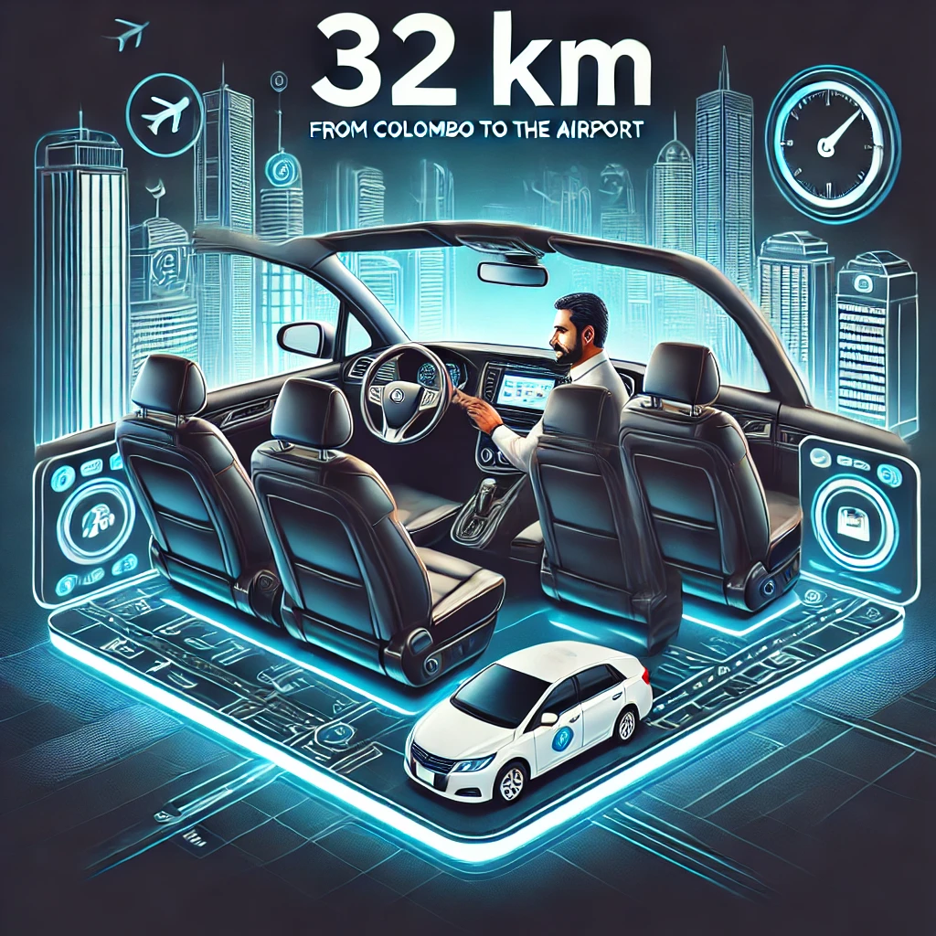 Modern taxi interior with driver and route display for Colombo to airport journey.