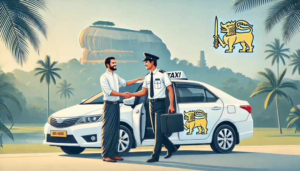 A professional driver assists a smiling passenger as they step out of a stylish, well-maintained taxi. In the background, the lush landscape of Sri Lanka unfolds with hints of palm trees and a subtle outline of Sigiriya rock, symbolizing the trusted journey from airport to Sigiriya by CabBuddy.lk.