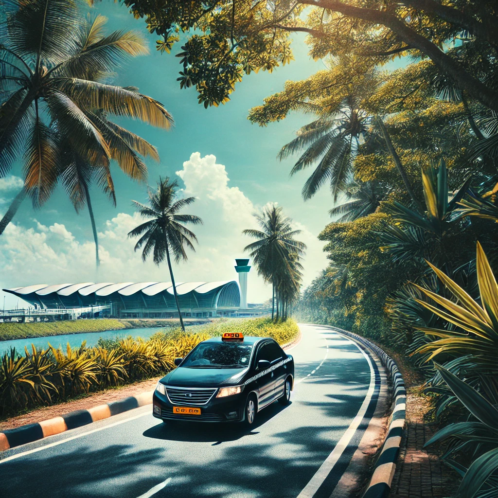 Modern taxi on the palm-lined Negombo to Airport route, with a distant airport terminal visible.