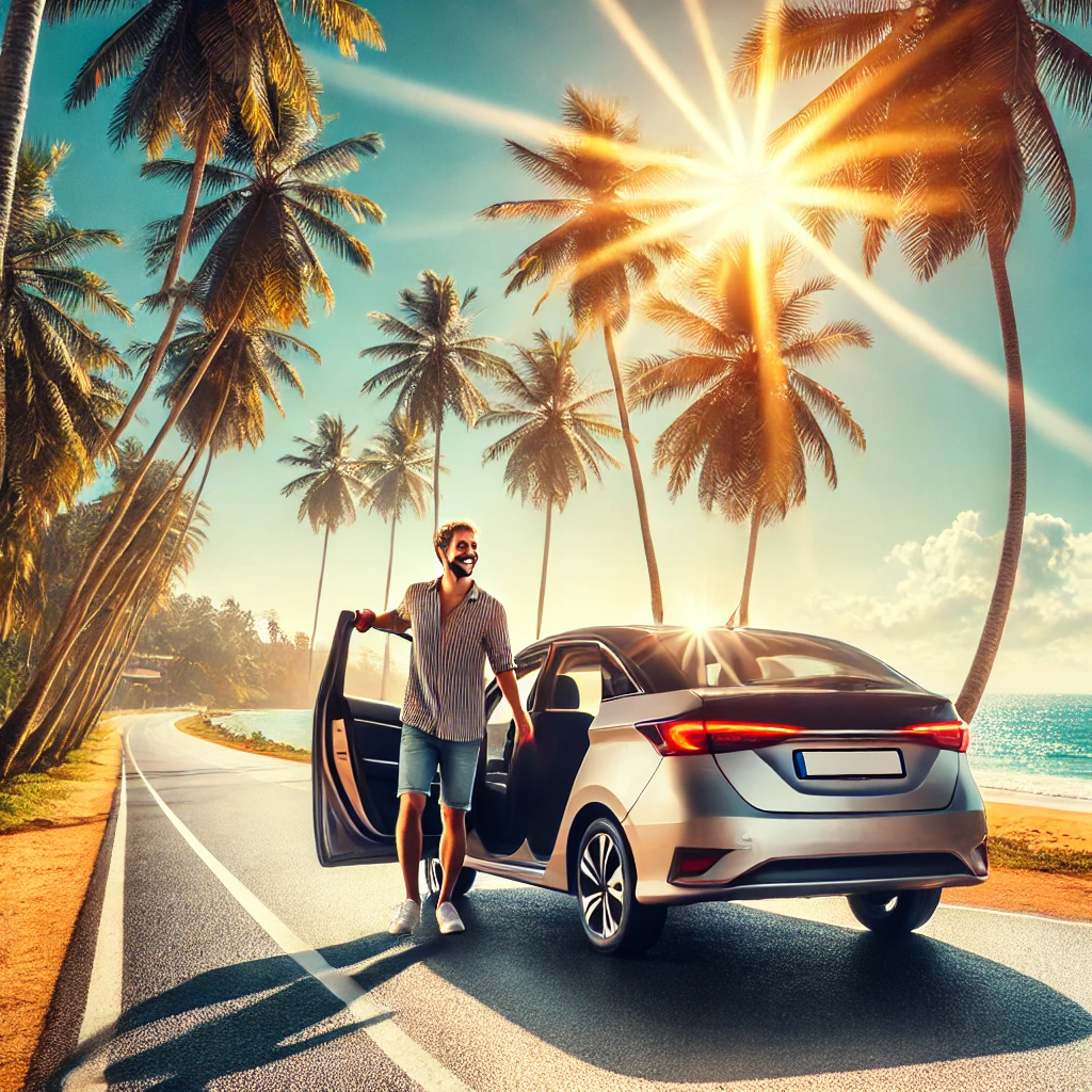 Passenger exiting a modern taxi cab on a palm-lined coastal road with an ocean view, symbolizing a reliable taxi service from Galle to Hikkaduwa.