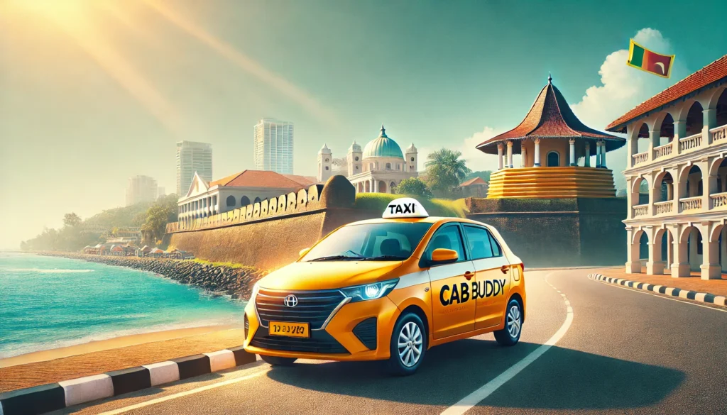CabBuddy taxi parked near Colombo Fort with a road leading to Negombo coastal views.