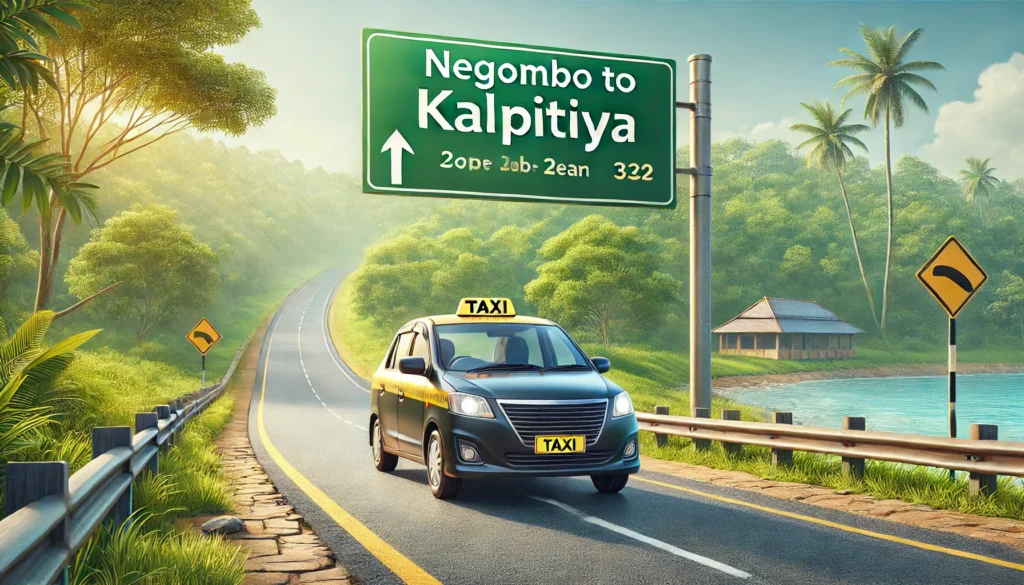 Taxi on a smooth road with 'Negombo to Kalpitiya' signboard, highlighting a hassle-free ride with CabBuddy.lk.
