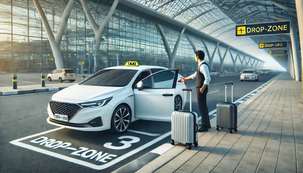 Sleek white taxi at Colombo Airport drop-off zone with driver welcoming passenger.