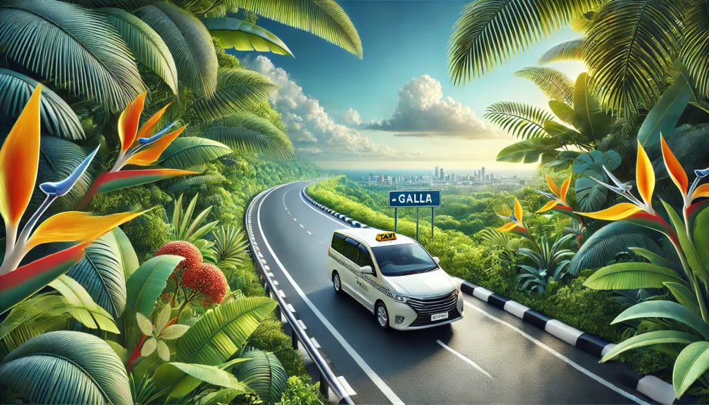 Modern taxi on a scenic highway with tropical foliage, representing an efficient Galle to Airport transfer.