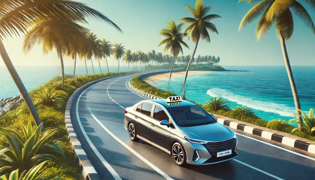 Taxi cab on a scenic coastal road from Negombo to Kalpitiya with blue ocean, palm trees, and lush greenery, representing CabBuddy.lk's reliable service.