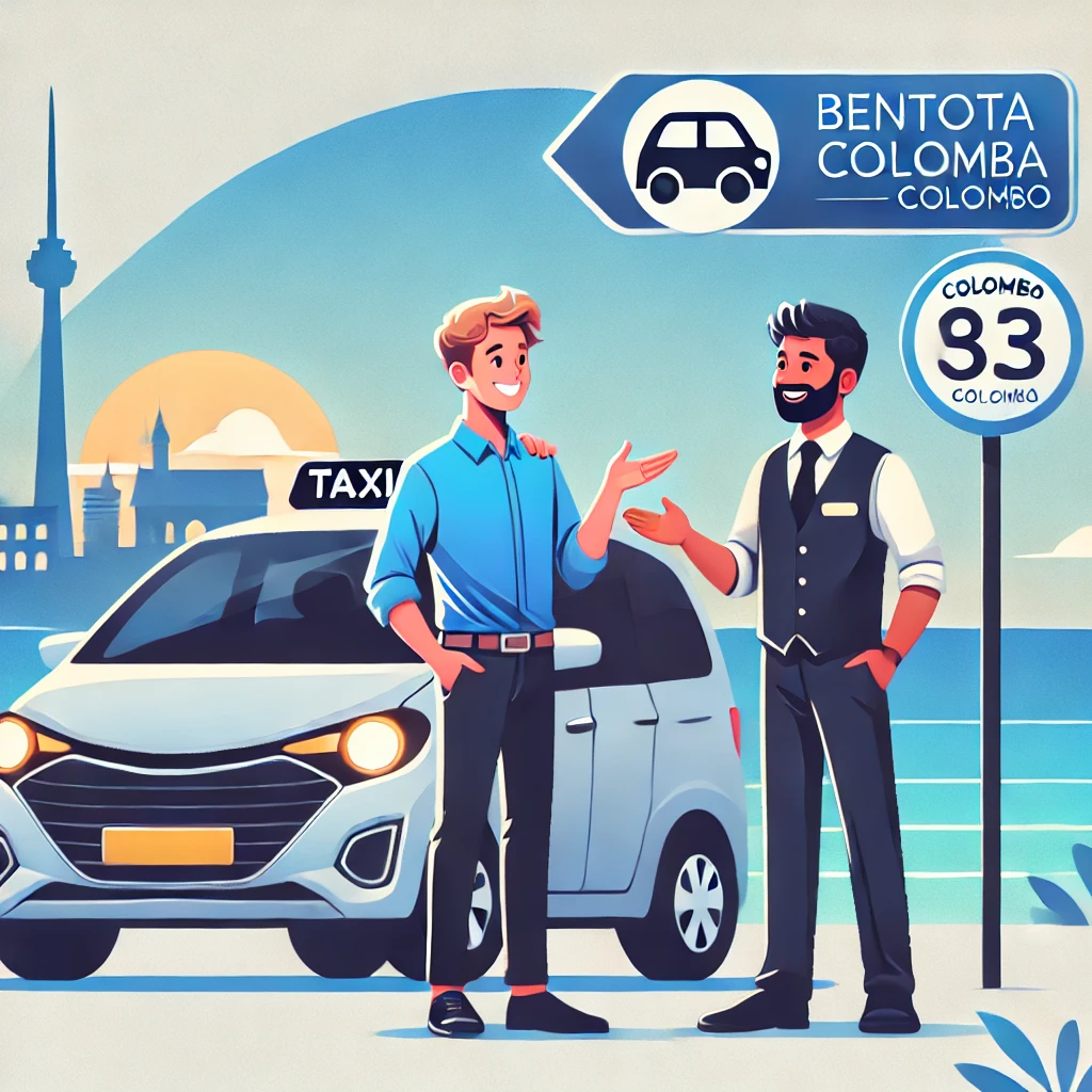 CabBuddy driver greeting a passenger beside a taxi cab with a Bentota to Colombo route sign