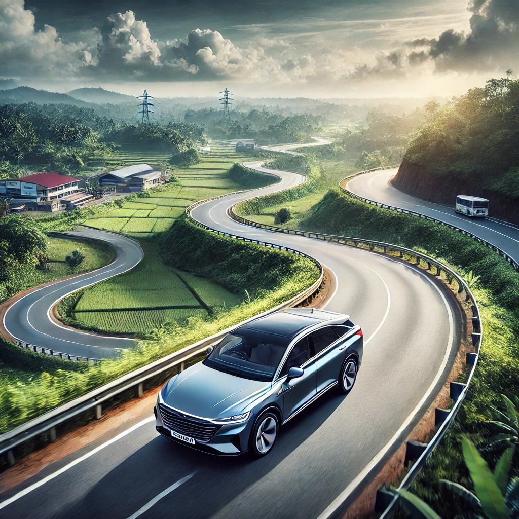 Aerial view of a taxi cab driving on a scenic highway from Negombo to Jaffna with lush greenery and coastal views.