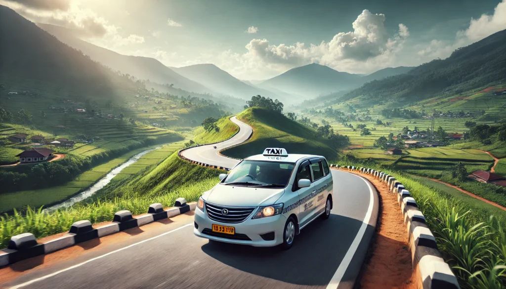 Taxi cab on a scenic route from Negombo to Nuwara Eliya with lush greenery and mountains in the background.