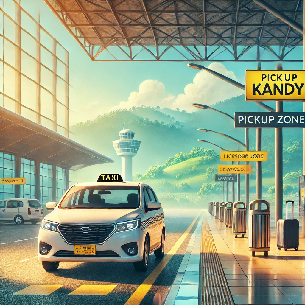 Taxi waiting at an airport pickup area with scenic Kandy hills in the background.