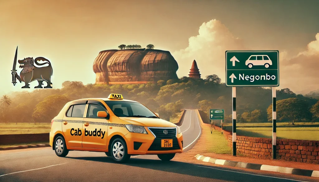 CabBuddy taxi cab parked by a scenic highway with Sigiriya in the background, en route to Negombo.