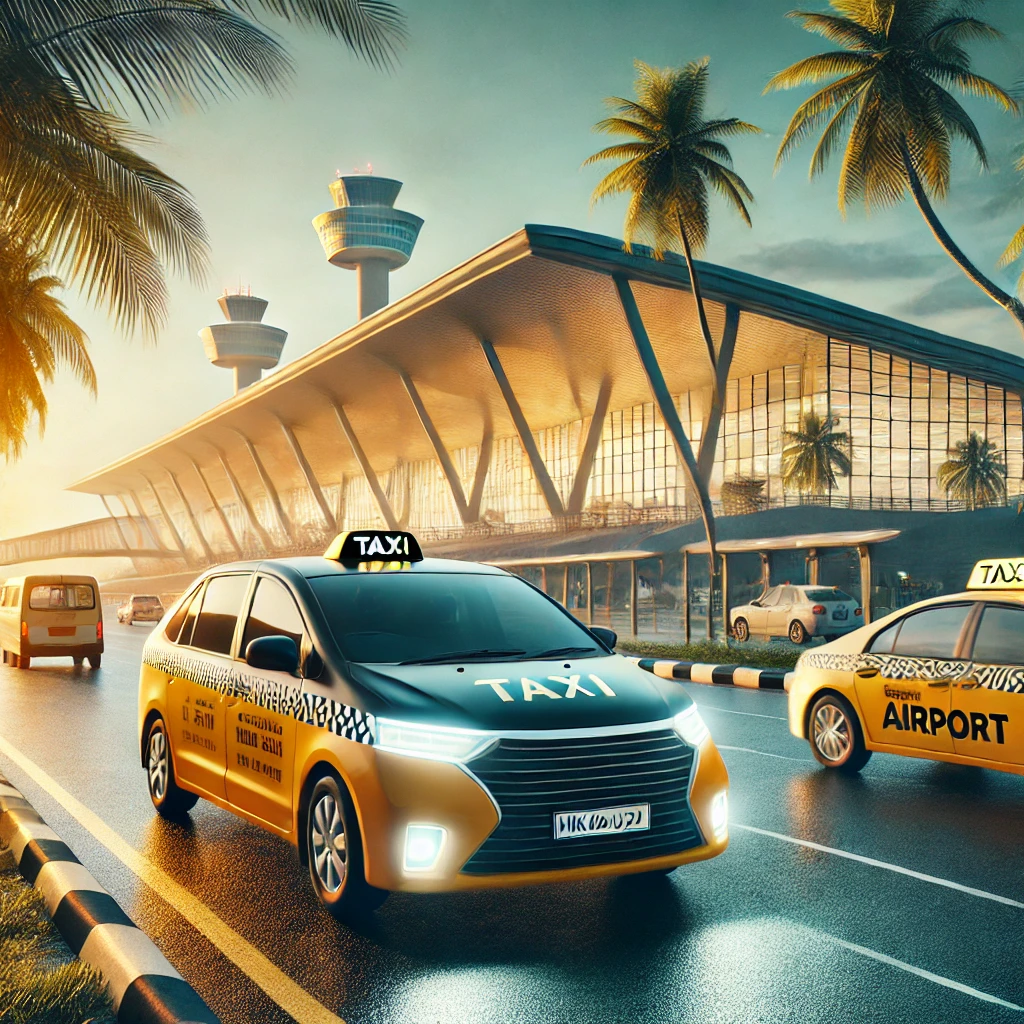 Taxi cab parked near a modern airport terminal with palm trees in the background, symbolizing a seamless Hikkaduwa to Airport journey.