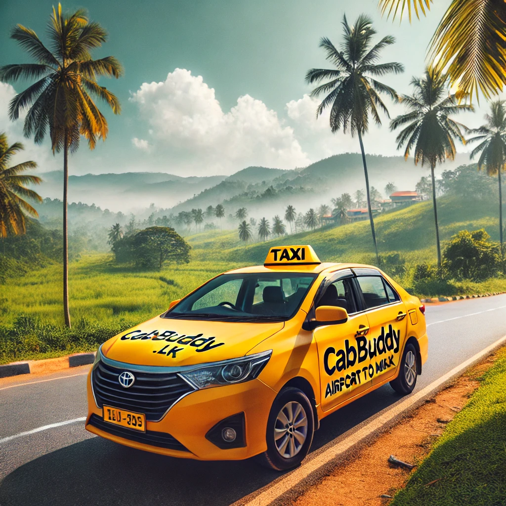 Vibrant yellow taxi parked by palm trees with misty hills in the background for Airport to Mirissa transfer.