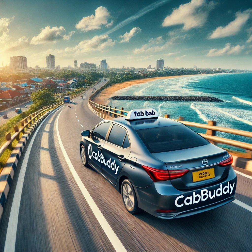 Modern CabBuddy taxi on a scenic coastal route from Negombo to Puttalam.